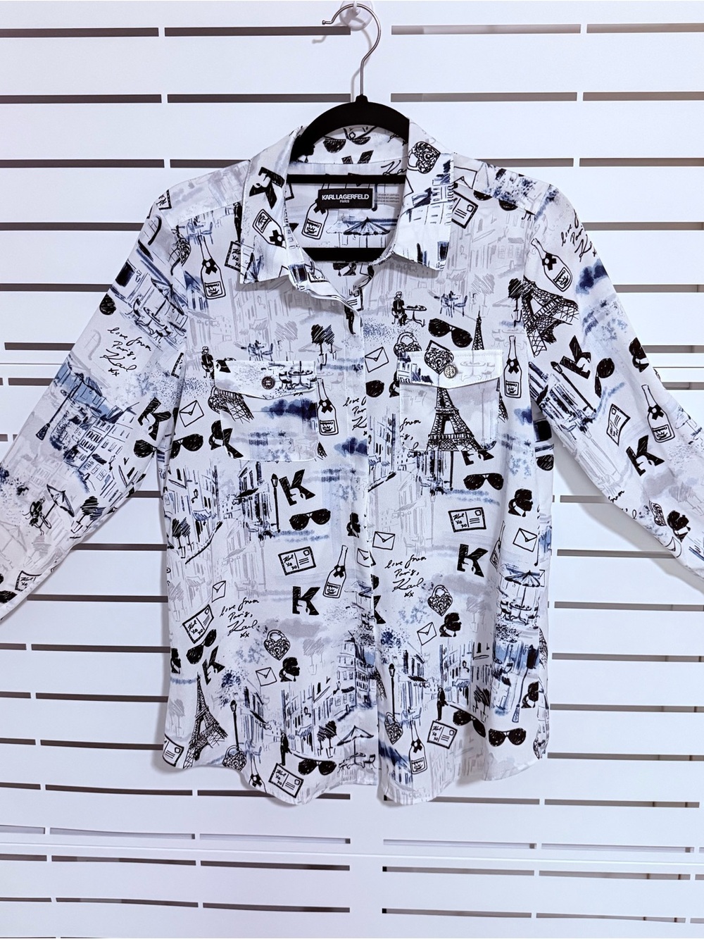 Karl Lagerfeld Women’s White Shirt with Black & Blue Graphic Print